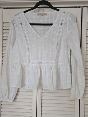 LOFT White V-Neck Peplum Eyelet Top